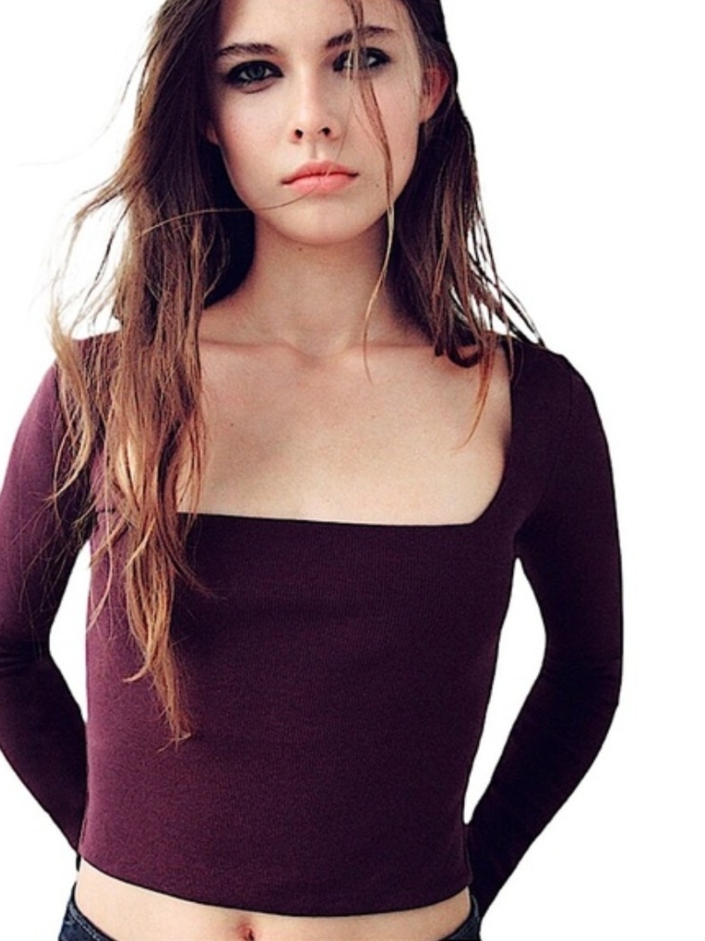 Zara Ribbed Square-Neck Long Sleeve Crop Top - Plum - M